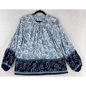 LOFT Blue Floral 100% Cotton Oversized Peasant Shirt‎ Womens Long Sleeve Size S